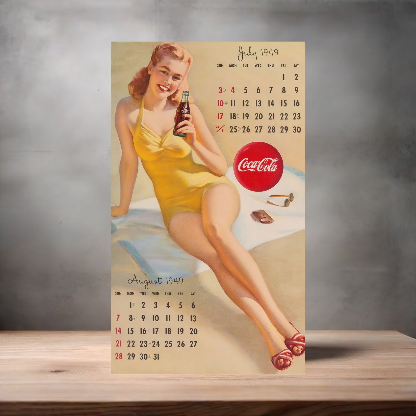 Gil Elvgren Pin-up Coca-Cola 1949 Calendar metal poster. Multiple sizes available. July August