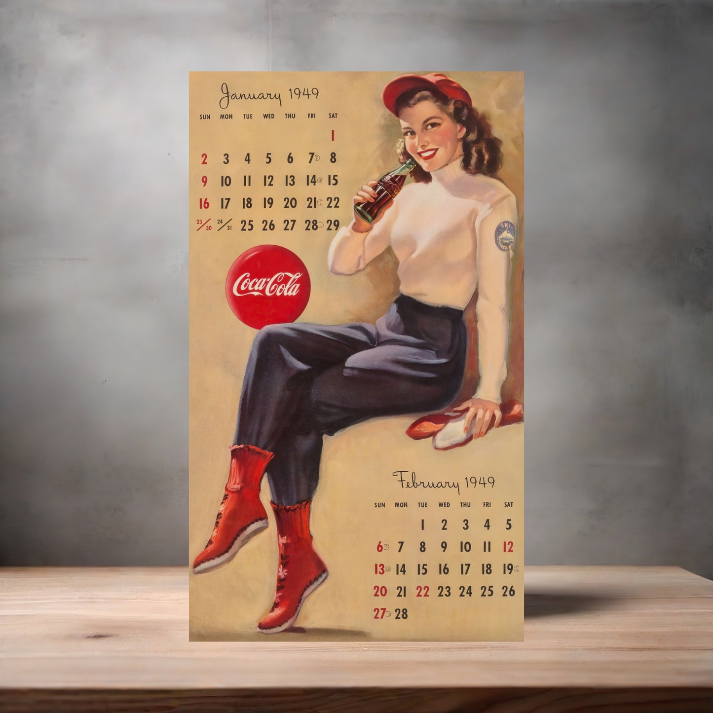Gil Elvgren Pin-up Coca-Cola 1949 Calendar metal poster. Multiple sizes available. Jan. Feb.