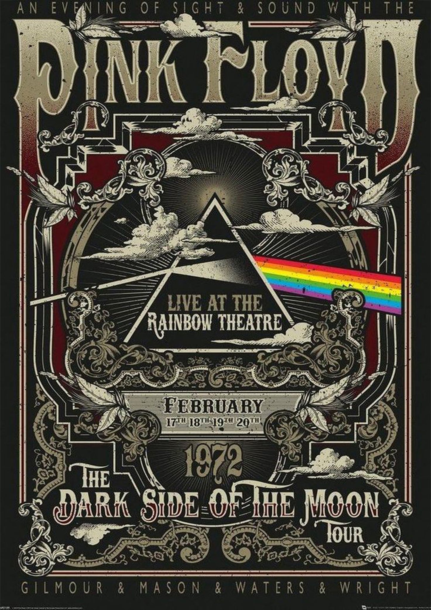 Concert poster with multiple size and finish options. Pink Floyd 1972 Rainbow Theatre