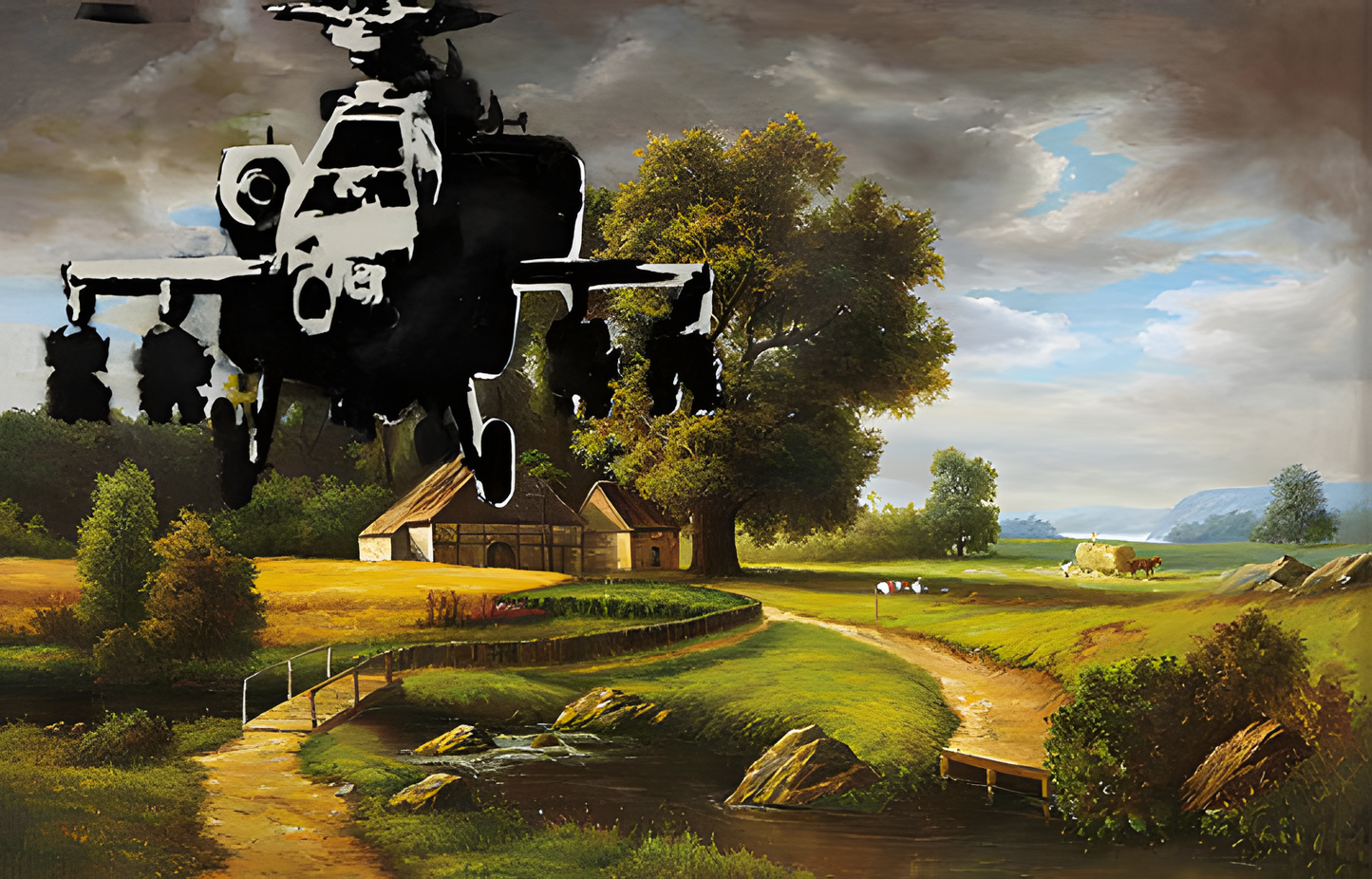 Banksy Art poster with multiple size and finish options. Apache Helicopter