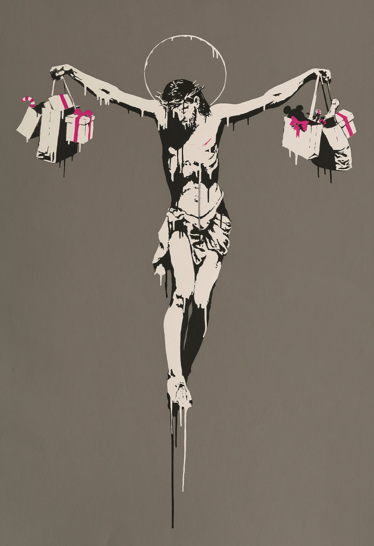 Banksy Art poster with multiple size and finish options. Jesus Christ with Shopping Bags, gray