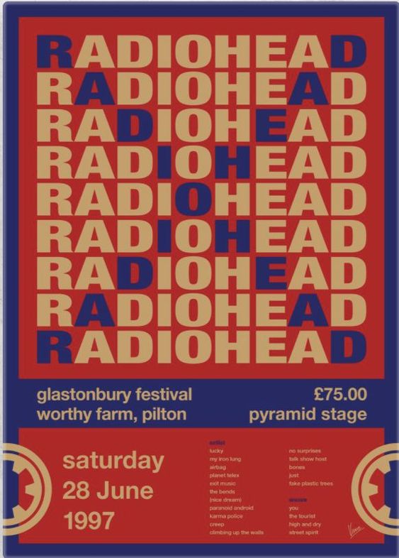 Concert poster with multiple size and finish options. Radiohead Glastonbury Festival