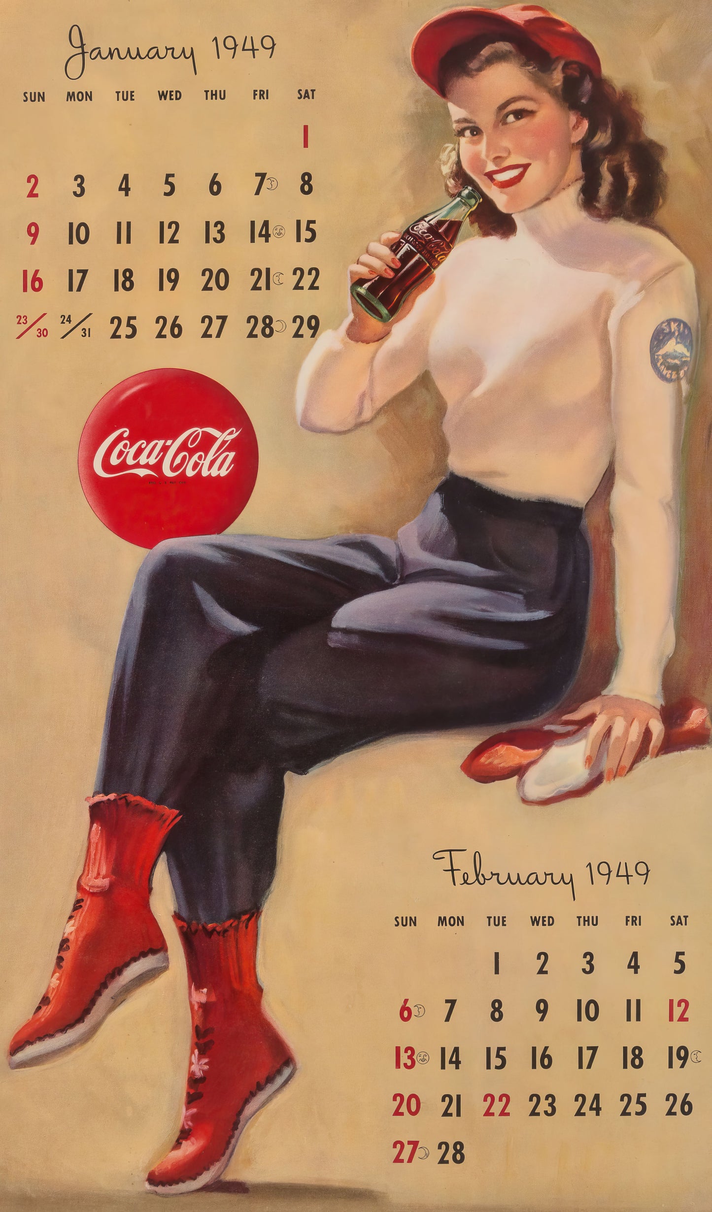 Gil Elvgren Pin-up girl poster with multiple size and finish options. 1949 Coca-Cola Calendar Jan Feb