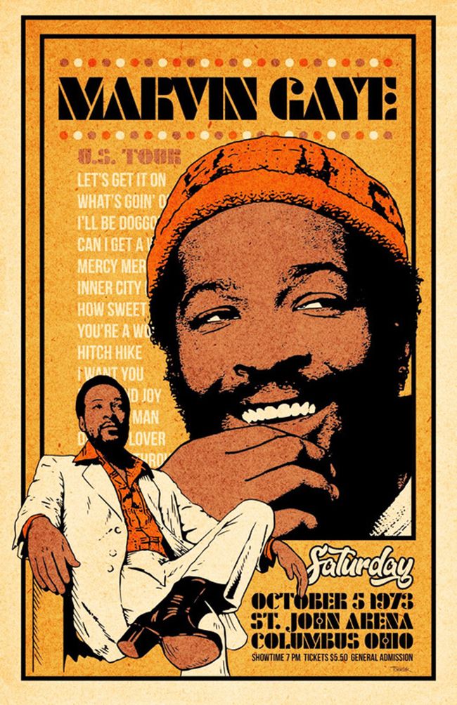 Concert poster with multiple size and finish options. Marvin Gaye 1973 Columbus Ohio