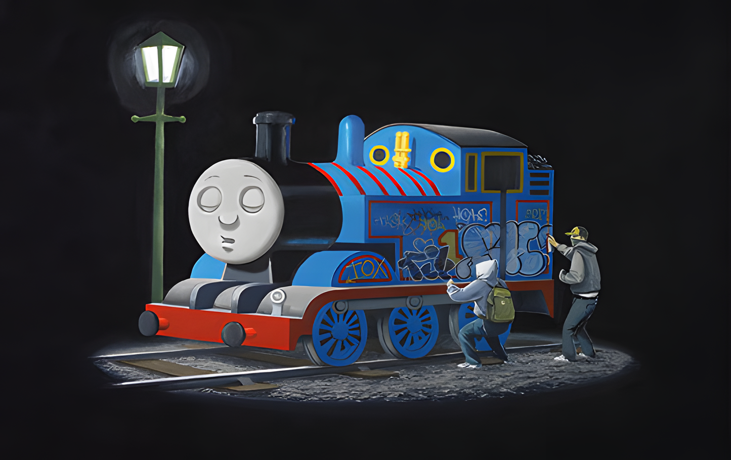 Banksy Art poster with multiple size and finish options. Thomas the Tank Engine