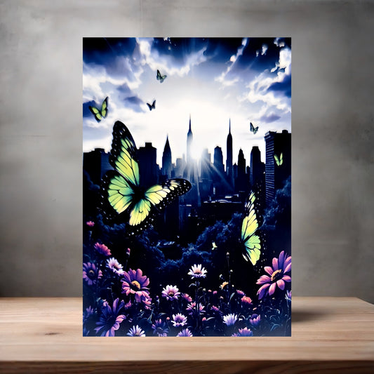 Colorful butterflies with city backdrop poster on aluminum print. Multiple sizes available