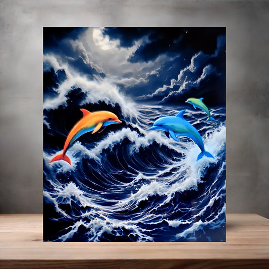 Colorful jumping dolphin poster on aluminum print. Multiple sizes available