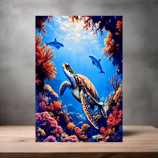 Turtle with dolphins poster on aluminum print. Multiple sizes available