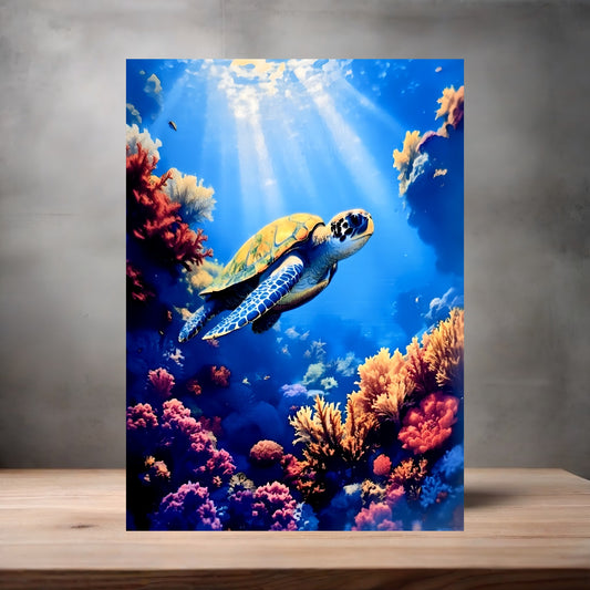 Turtle with colorful coral poster on aluminum print. Multiple sizes available