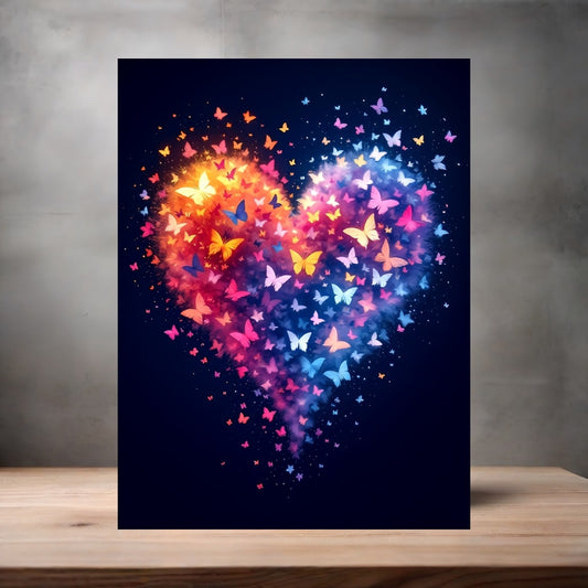Colorful butterflies forming a heart shape poster on aluminum print. Multiple sizes available