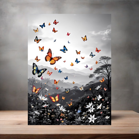 Colorful butterflies with black and white background poster on aluminum print. Multiple sizes available