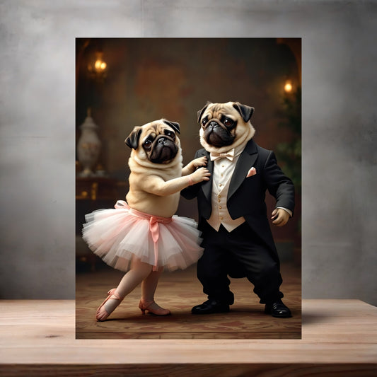 Dancing pug poster on aluminum print. Multiple sizes available