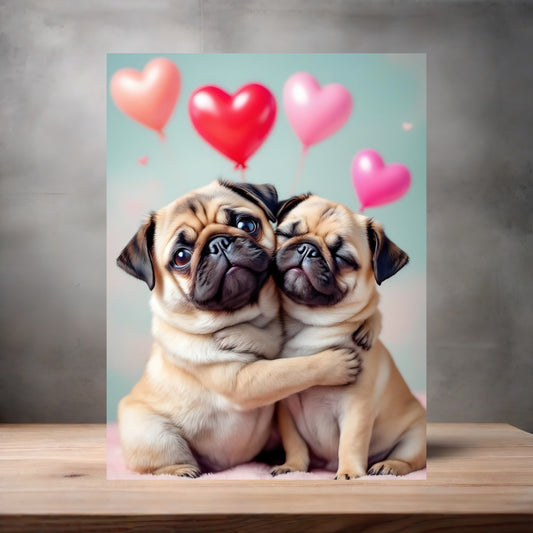 Hugging pugs poster on aluminum print. Multiple sizes available