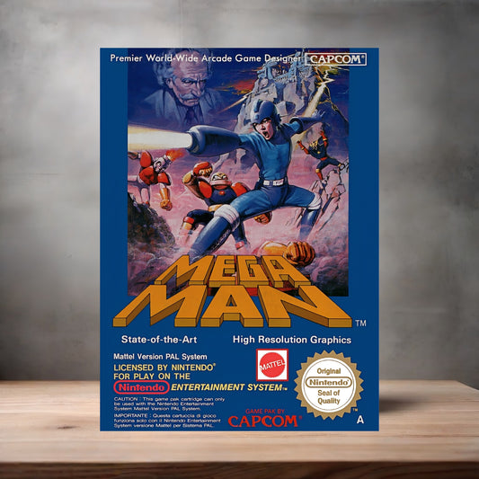 Mega Man NES game poster on aluminum print. Multiple sizes available.