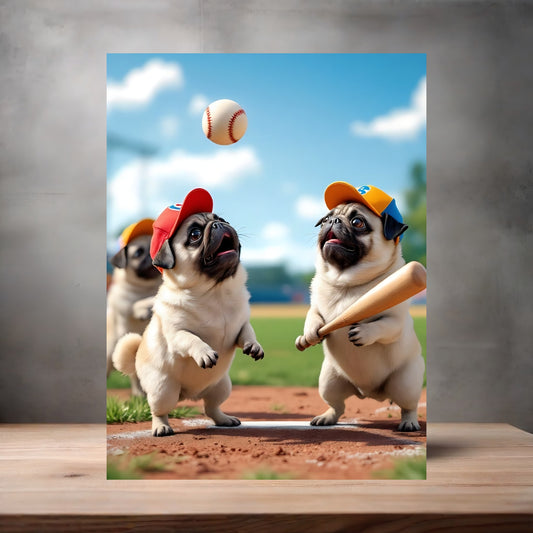 Pugs playing baseball poster on aluminum print. Multiple sizes available