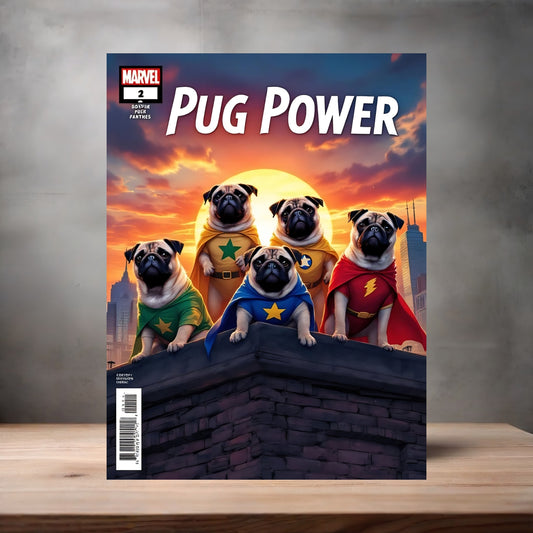 Pug Power comics poster on aluminum print. Multiple sizes available