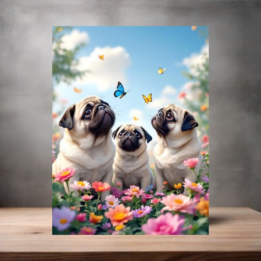 Pugs chasing butterflies poster on aluminum print. Multiple sizes available