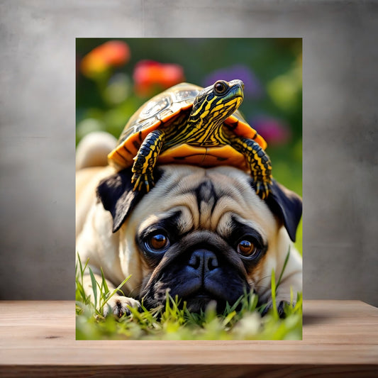 Pug with turtle poster on aluminum print. Multiple sizes available