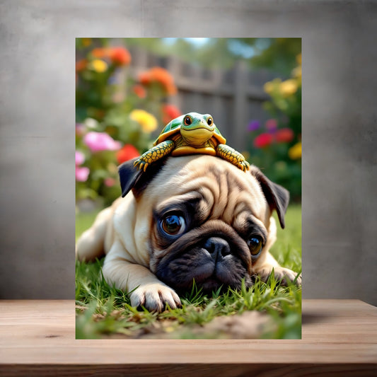 Pug Puppy with turtle poster on aluminum print. Multiple sizes available