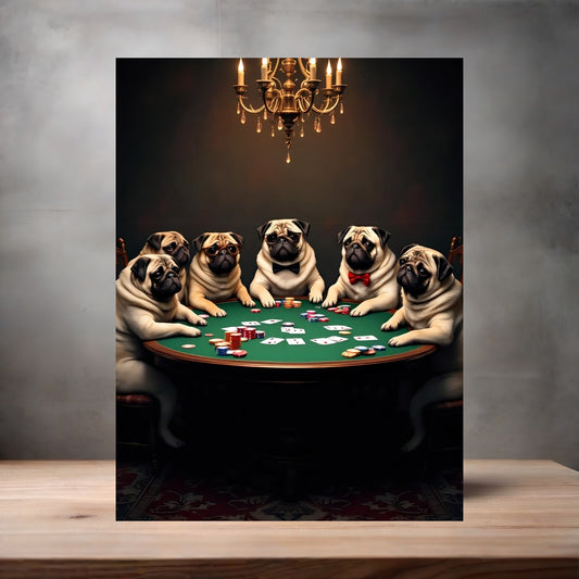 Poker playing Pugs poster on aluminum print. Multiple sizes available