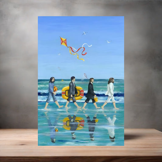 The Beatles on the beach poster on aluminum print. Multiple sizes available