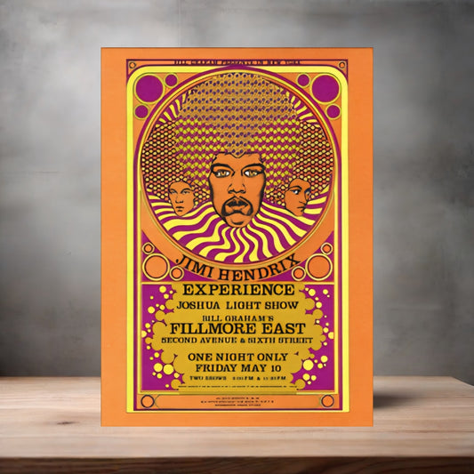 Jimi Hendrix Fillmore East concert poster on aluminum print. Multiple sizes available