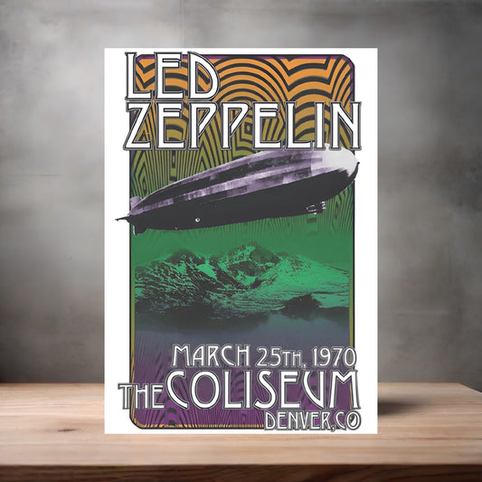 Led Zeppelin 1970 Denver concert poster on aluminum print. Multiple sizes available
