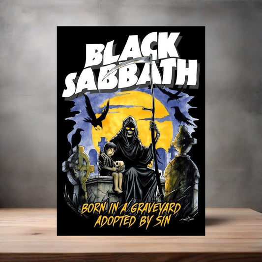 Black Sabbath Born in a Graveyard Adopted by Sin poster on aluminum print. Multiple sizes available