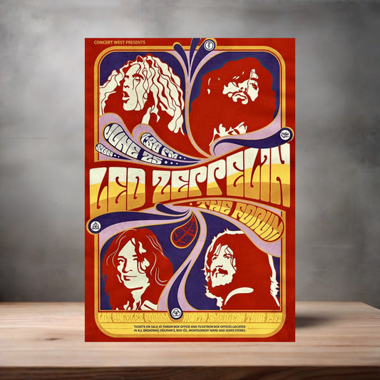 Led Zeppelin 1972 Los Angeles Forum concert poster on aluminum print. Multiple sizes available