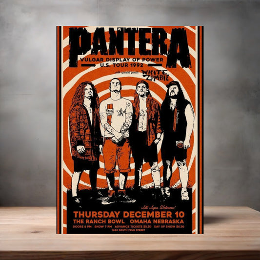 Pantera with White Zombie 1992 tour poster on aluminum print. Multiple sizes available