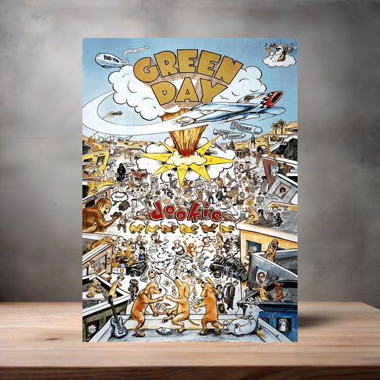 Green Day Dookie album cover on aluminum print. Multiple sizes available