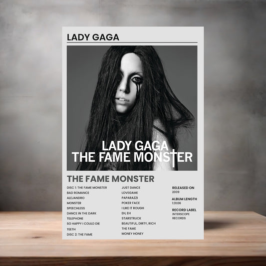 Lady Gaga album poster The Fame Monster on aluminum print. Multiple sizes available