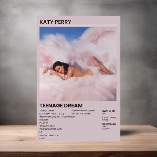 Katy Perry album poster Teenage Dream on aluminum print. Multiple sizes available