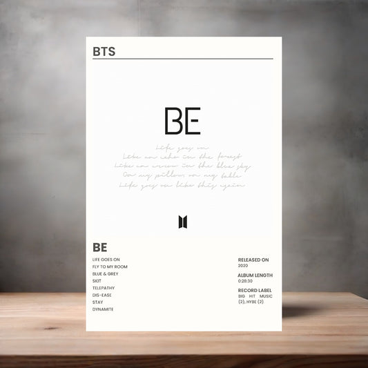 BTS album poster BE on aluminum print. Multiple sizes available