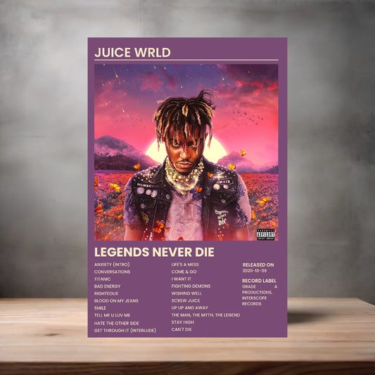 Juice Wrld album poster Legends Never Die on aluminum print. Multiple sizes available