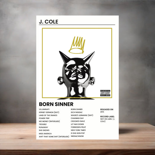 J. Cole album poster Born Sinner on aluminum print. Multiple sizes available