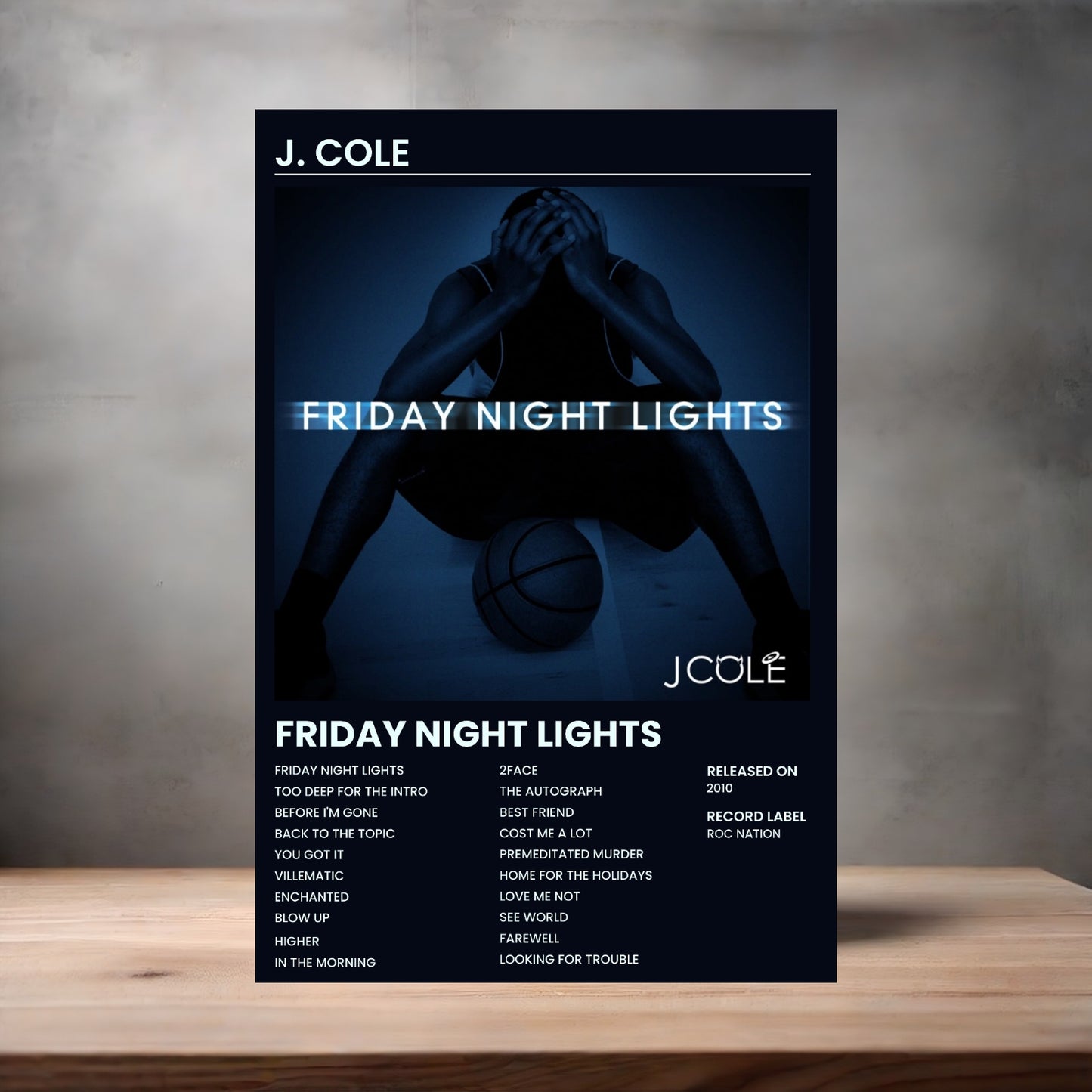 J. Cole album poster Friday Night Lights on aluminum print. Multiple sizes available