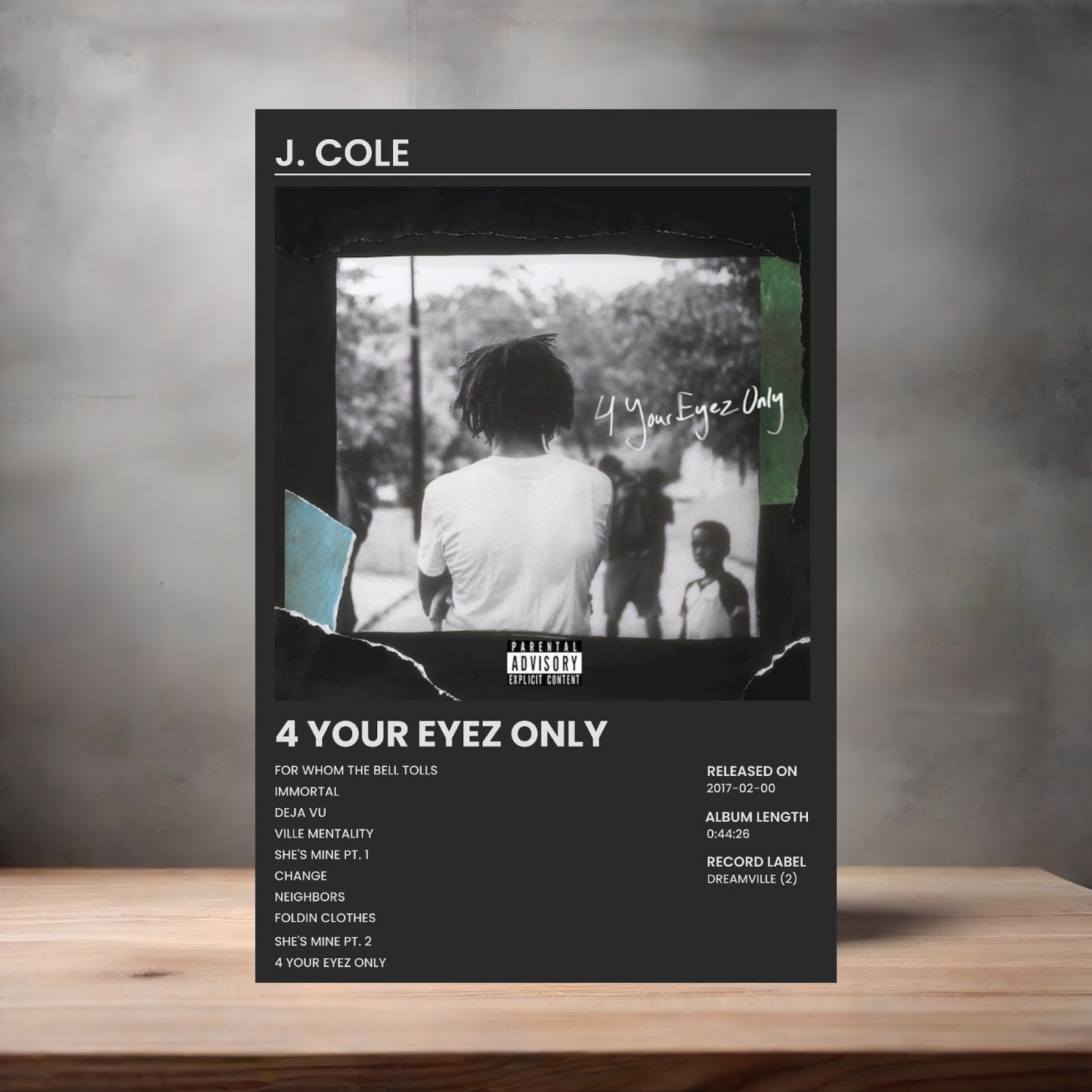J. Cole album poster 4 Your Eyez Only on aluminum print. Multiple sizes available