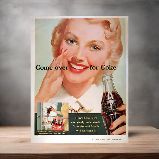 Vintage Coca-Cola ad poster on aluminum print. Multiple sizes available