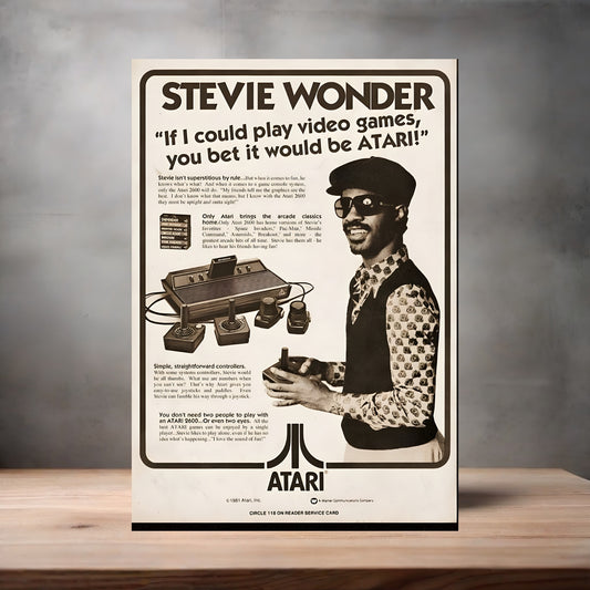 Vintage Atari ad with Stevie Wonder poster on aluminum print. Multiple sizes available