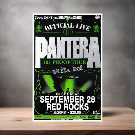 Pantera Red Rocks concert poster on aluminum print. Multiple sizes available.