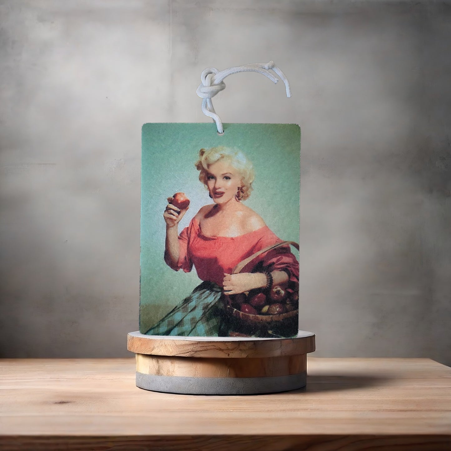 Marilyn Monroe apple photo on car air freshener. Many scents to choose from