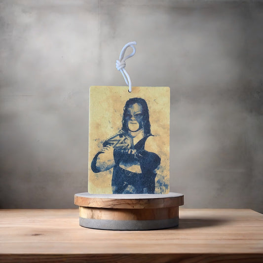 Kane wrestling photo on car air freshener. Many scents to choose from