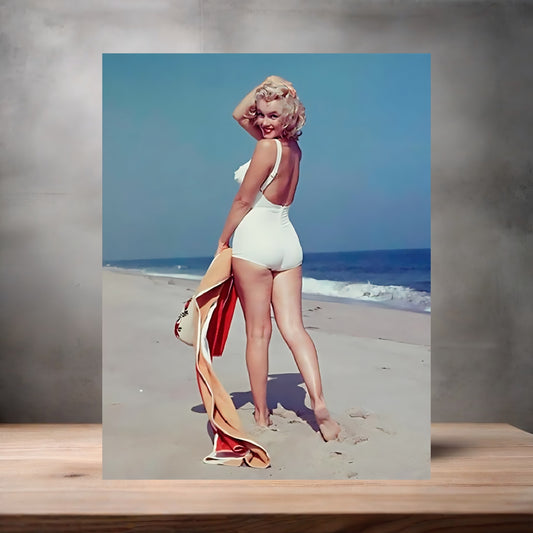 Marilyn Monroe white bikini beach poster on aluminum print. Multiple sizes available
