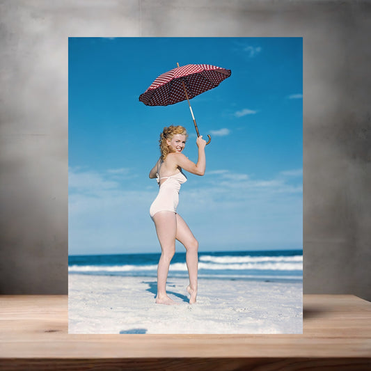 Marilyn Monroe beach umbrella poster on aluminum print. Multiple sizes available