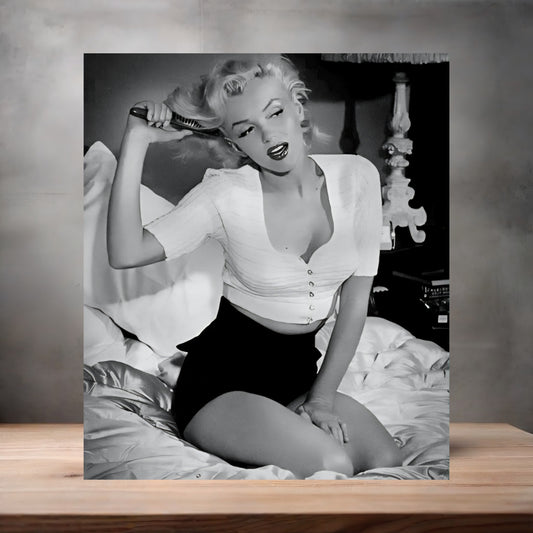 Adult Marilyn Monroe curling hair poster on aluminum print. Multiple sizes available