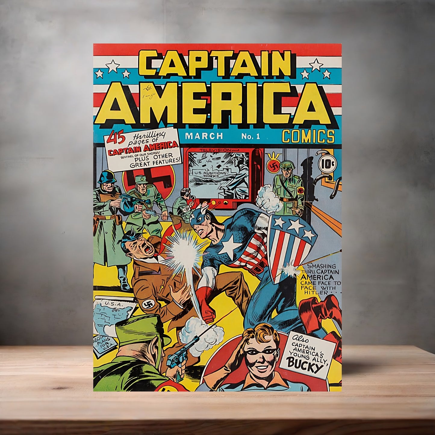 Vintage Captain America comic book poster on aluminum print. Multiple sizes available.