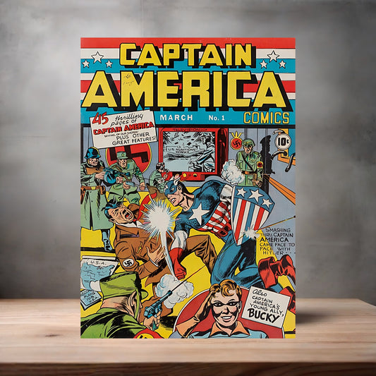 Vintage Captain America comic book poster on aluminum print. Multiple sizes available.