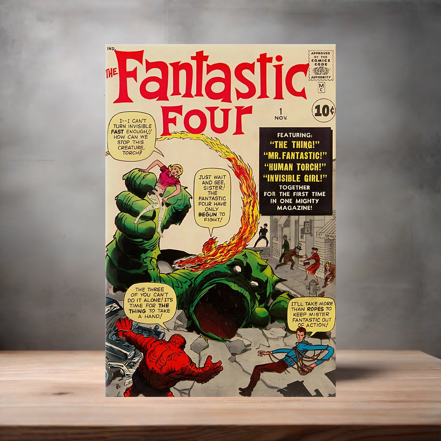 Vintage Fantastic Four comic book poster on aluminum print. Multiple sizes available.