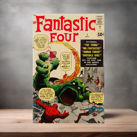 Vintage Fantastic Four comic book poster on aluminum print. Multiple sizes available.